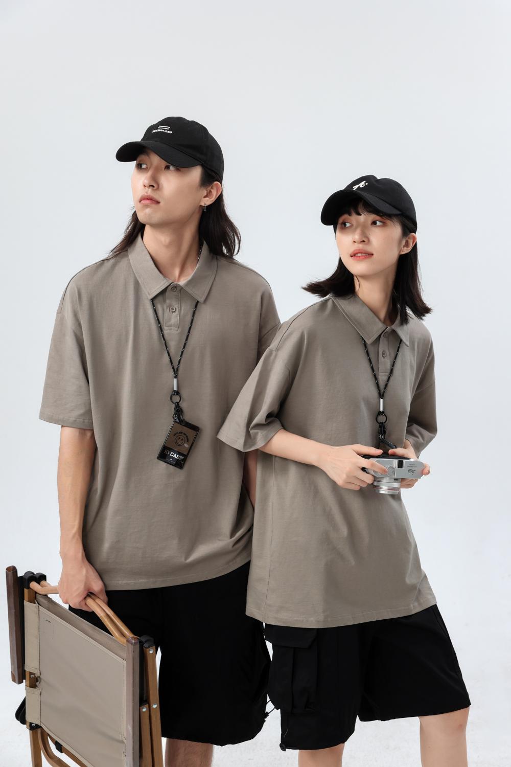 Cross-border 240 pure cotton heavyweight drop shoulder lapel short-sleeved polo, new short-sleeved lapel polo for both men and women, fashionable and casual, simple and comfortable, short-sleeved trend detail image 13