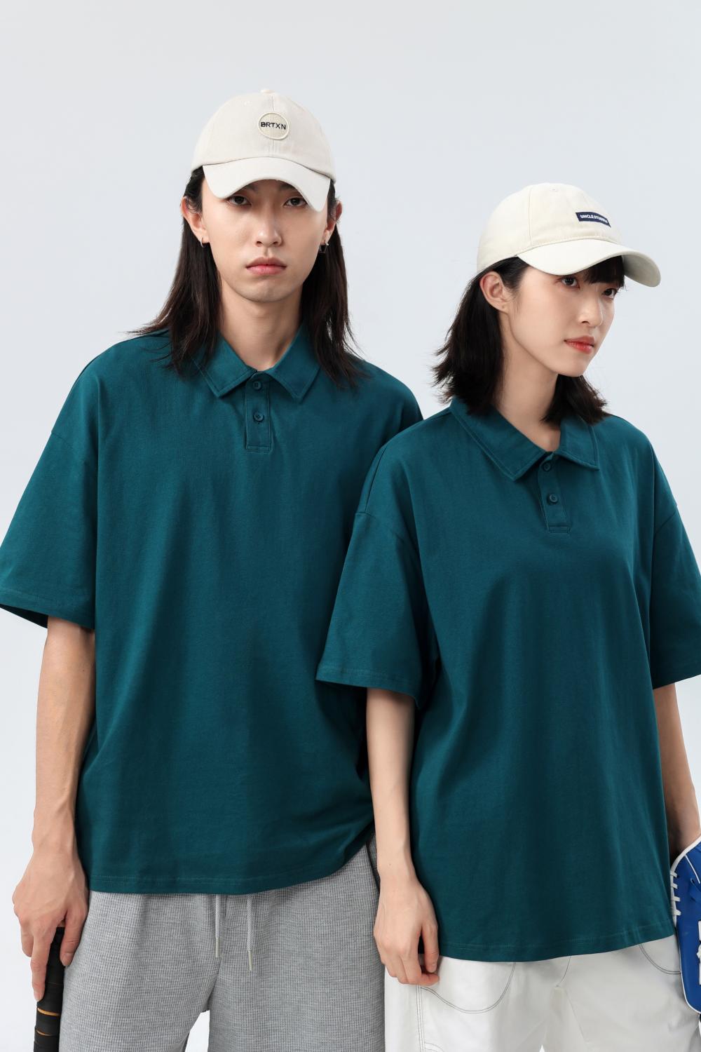 Cross-border 240 pure cotton heavyweight drop shoulder lapel short-sleeved polo, new short-sleeved lapel polo for both men and women, fashionable and casual, simple and comfortable, short-sleeved trend Item Picture