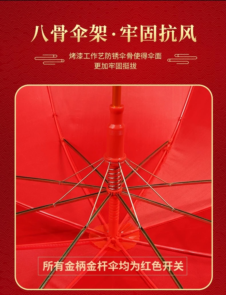 National trend wedding items: Red umbrellas for brides going out, festive wedding umbrellas, red fully automatic shiny long-handled umbrellas for weddings, and all-weather umbrellas Specification image