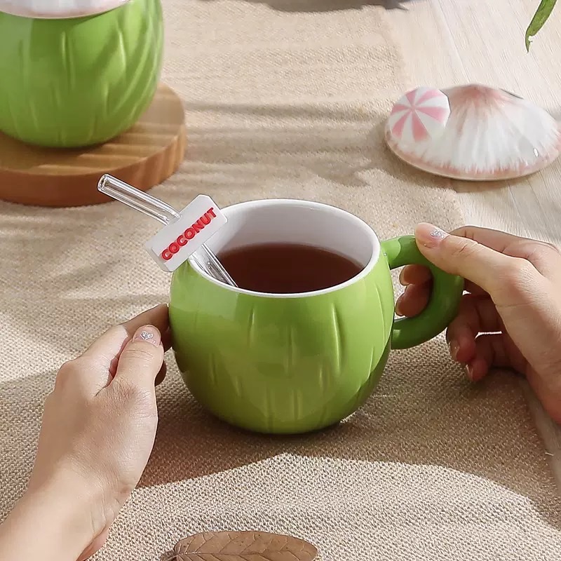 创意风夏日椰子马克杯少女心高颜值可爱陶瓷杯大容量水杯带盖详情图2
