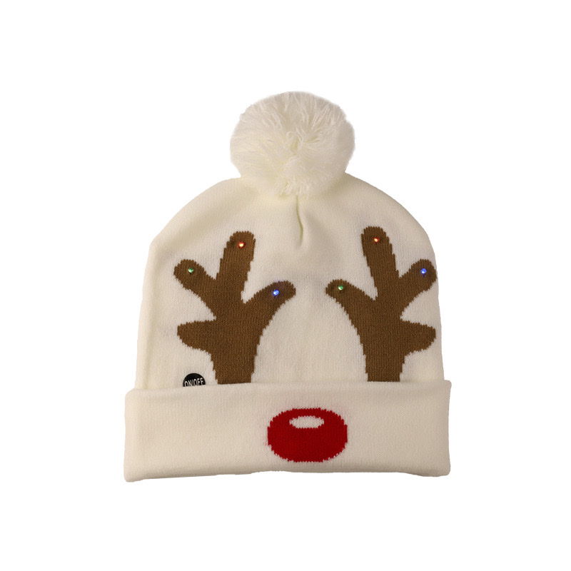 圣诞带灯针织帽跨境冬款圣诞帽时尚针织提花兵帽圣诞节派对保暖LED灯帽批发