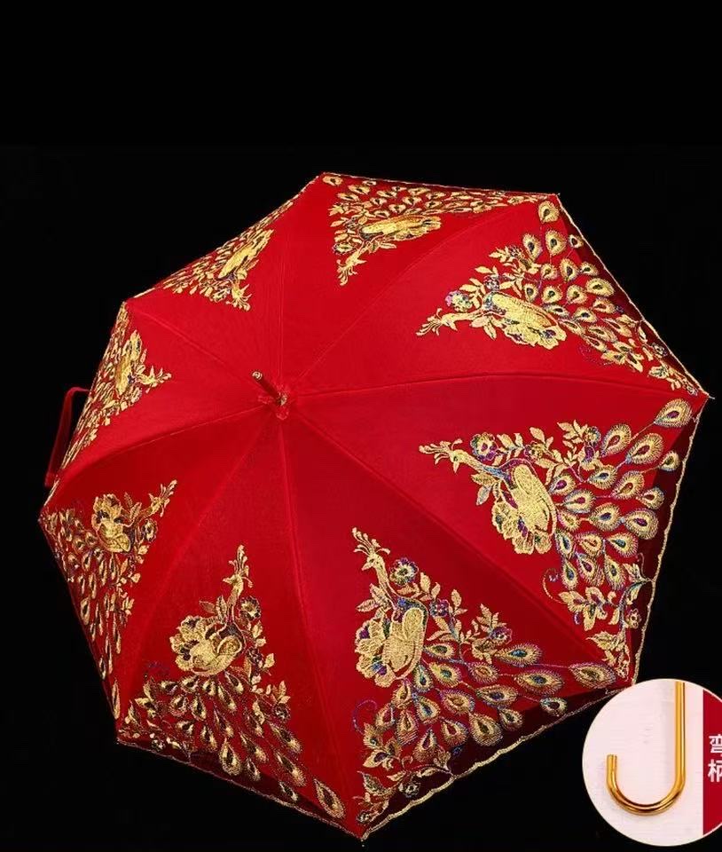 国潮结婚用品新娘出门大红伞喜庆婚伞婚庆红色全自动亮片长柄伞晴雨伞