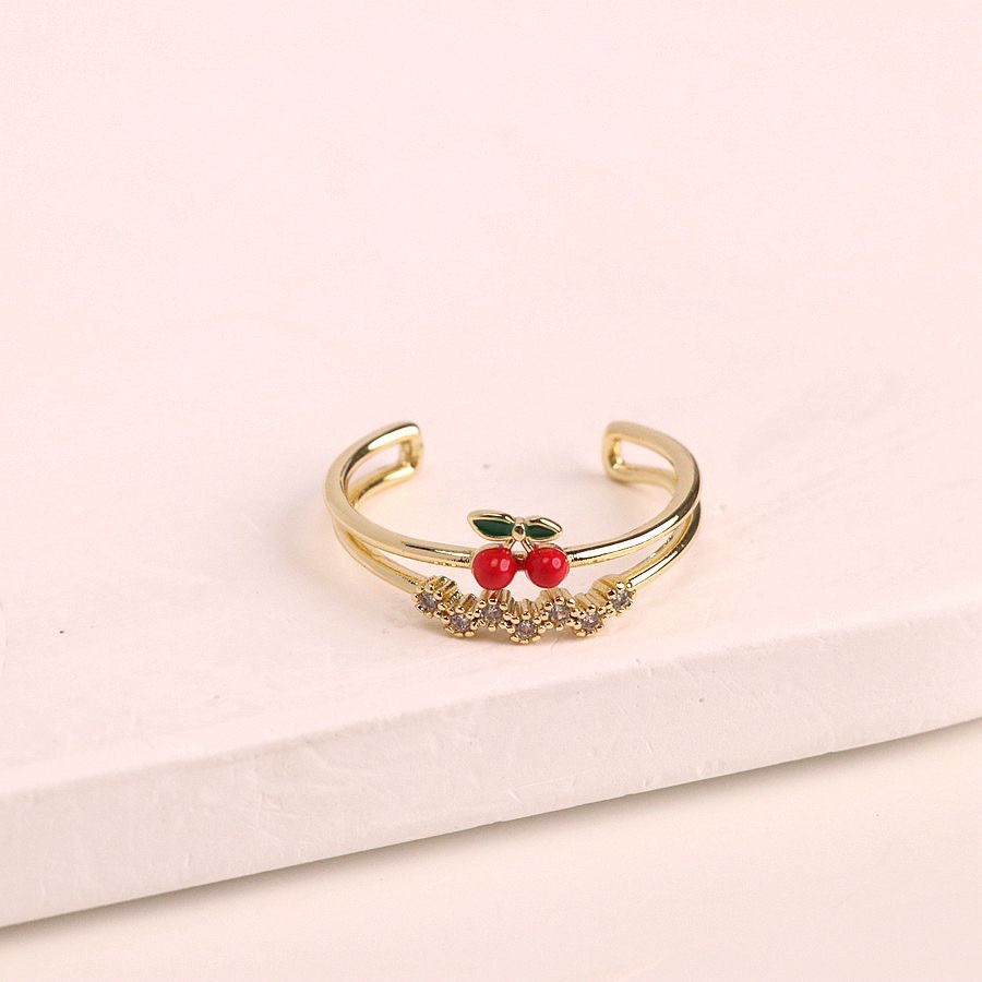 18k镀金清新甜美可爱彩色滴油樱桃草莓时尚百搭水果系列开口指环戒指详情图9