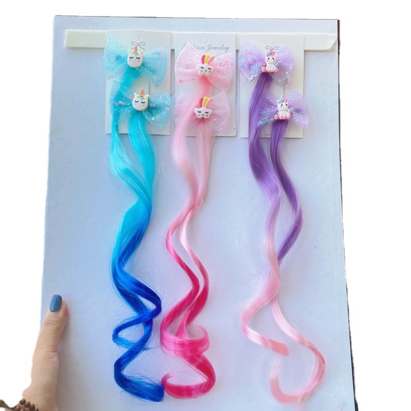 Cross-border children's wigs, hair clips, cartoon unicorns, rainbow ponies, bows, colorful long curly hair, brined hair accessories detail image 2