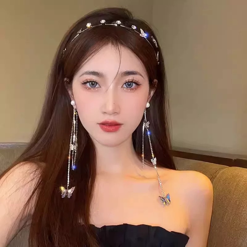 Super Fairy Butterfly Water Diamond Headwear, Sparkling Diamond Ear Hangers, Micro-Inlay Back Hanging, Glittering Girl Tassel Headband, Women's Niche Design Hair Clip And Headband Application Scenario