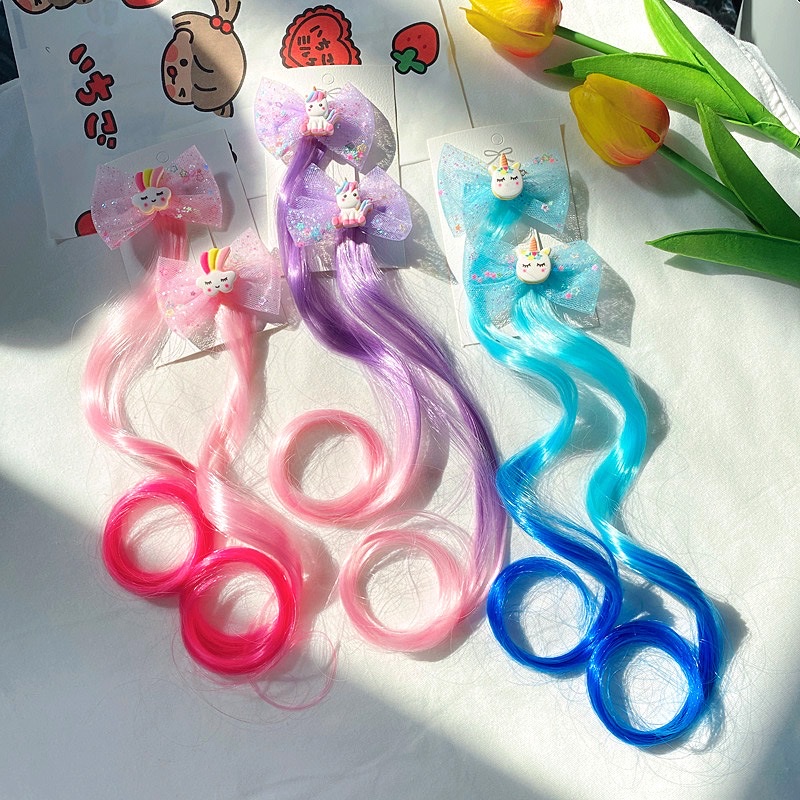 Cross-border children's wigs, hair clips, cartoon unicorns, rainbow ponies, bows, colorful long curly hair, brined hair accessories Item Picture