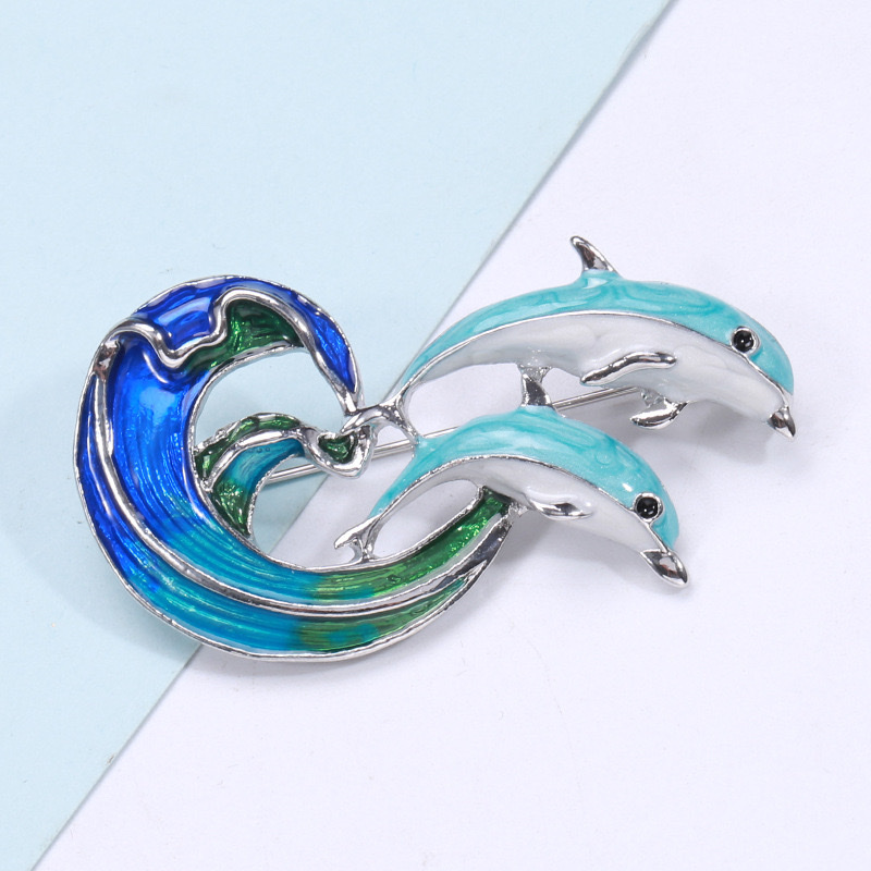 New cross-border brooch, fashionable mother and baby dolphin dual-color crystal pendant, Amazon Colorful Factory direct sales detail image 3