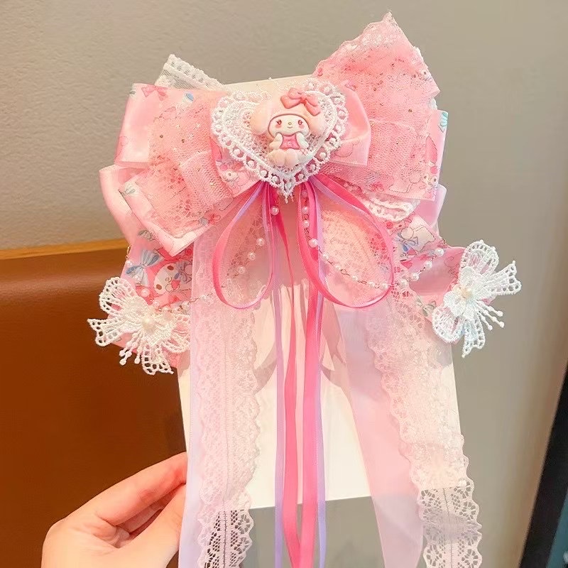 粉色美乐蒂女童额头链流苏发卡甜美蝴蝶结飘带发夹洛丽塔公主头饰