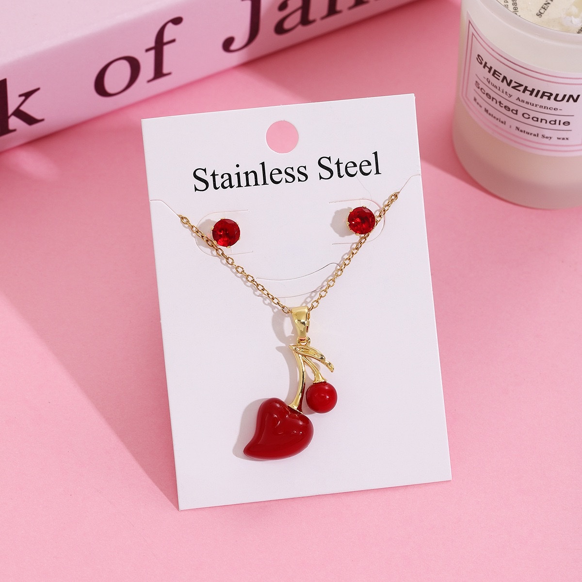 日韩草莓樱桃微镶项链耳钉 套装轻奢甜美304不锈钢设计感锁骨链女产品图