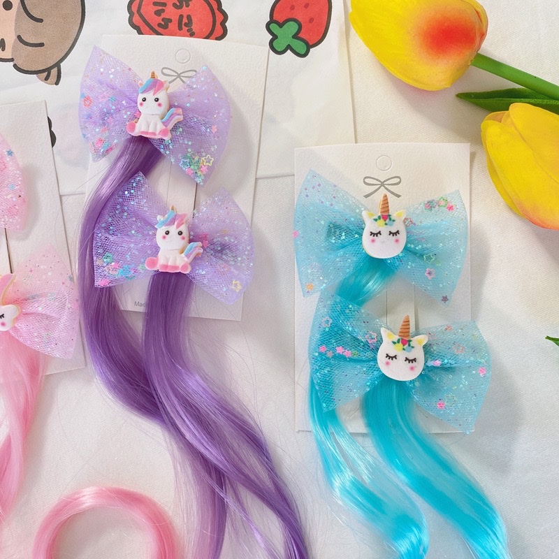 Cross-border children's wigs, hair clips, cartoon unicorns, rainbow ponies, bows, colorful long curly hair, brined hair accessories Application Scenario