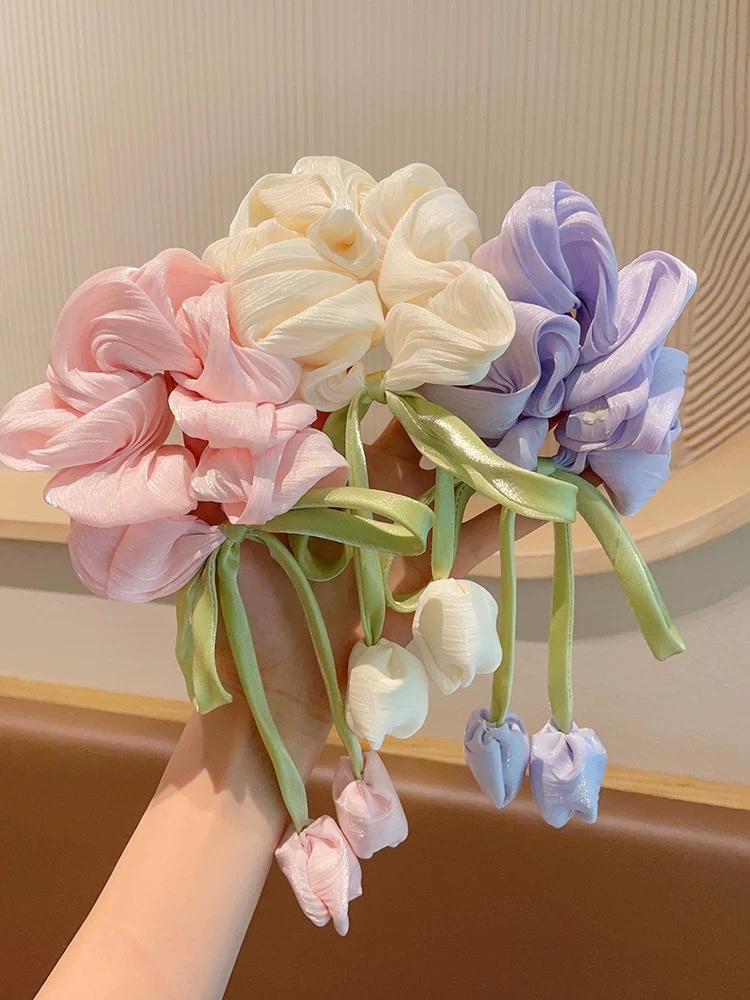 儿童郁金香花朵大肠发圈2025新款女童丸子头发绳韩系飘带头绳发饰瑾灵饰品1133发圈头绳大肠发圈大肠圈
