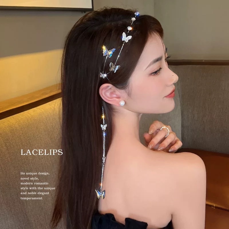 Super Fairy Butterfly Water Diamond Headwear, Sparkling Diamond Ear Hangers, Micro-Inlay Back Hanging, Glittering Girl Tassel Headband, Women's Niche Design Hair Clip And Headband Specification drawing