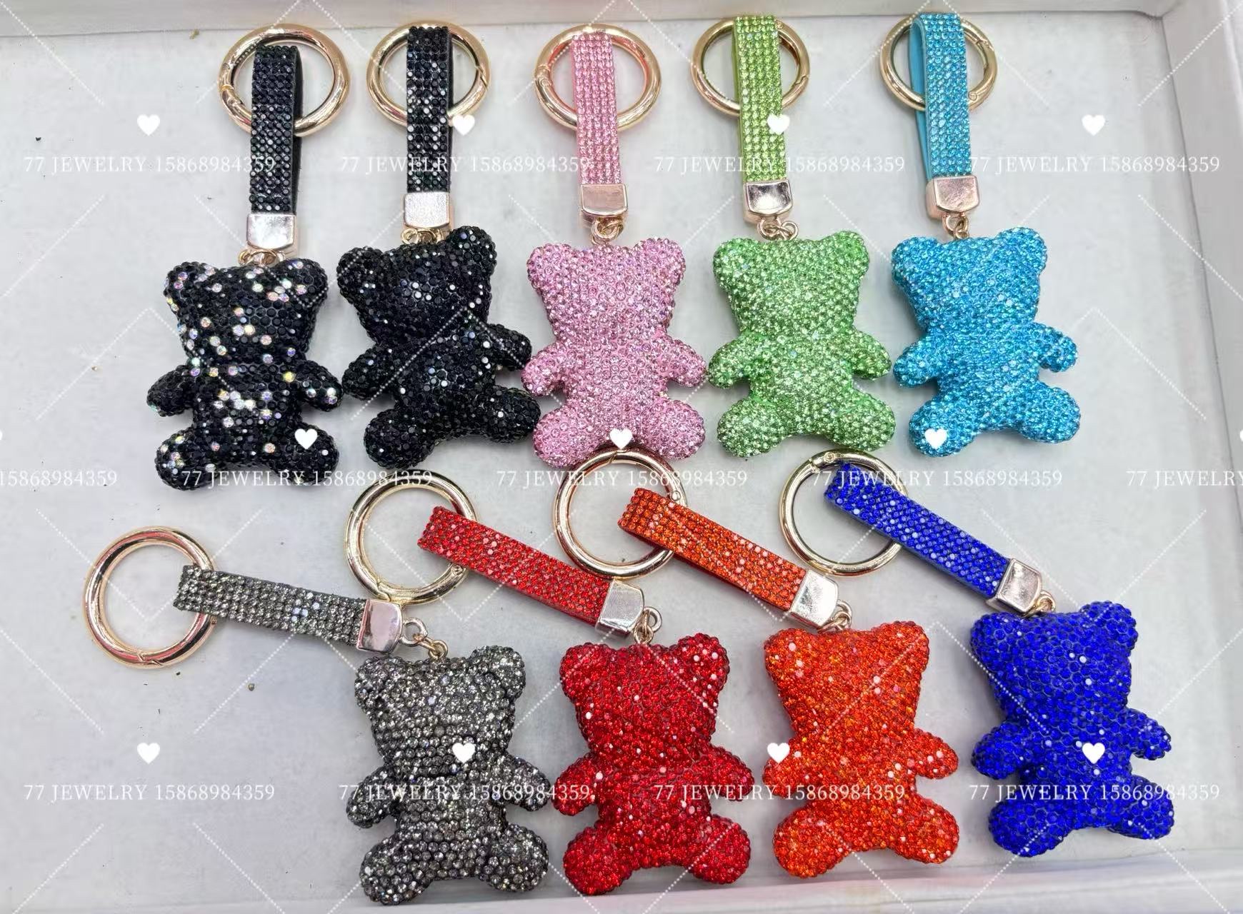 新款镶钻钥匙扣配件圈彩色扣创意小熊装饰钥匙链高级感配件绳批发