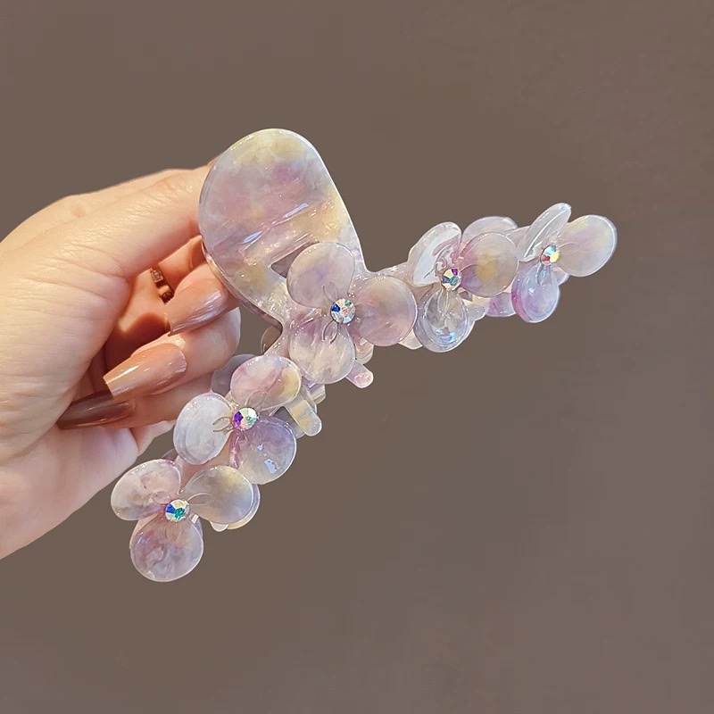 日韩炫彩醋酸花朵抓夹人鱼姬色超仙水钻发夹氛围后脑勺精致鲨鱼夹发夹亚克力饰品发饰头饰抓夹白底实物图