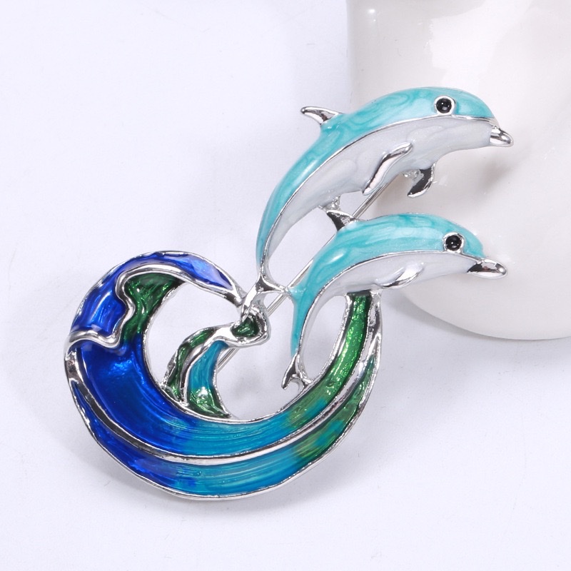 New cross-border brooch, fashionable mother and baby dolphin dual-color crystal pendant, Amazon Colorful Factory direct sales detail image 2