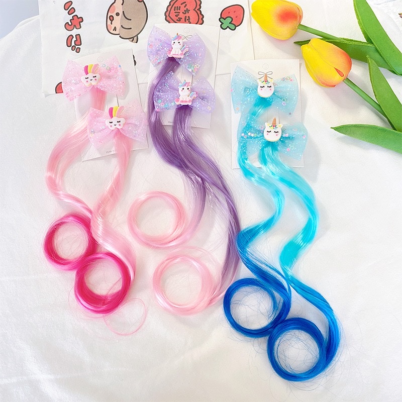 Cross-border children's wigs, hair clips, cartoon unicorns, rainbow ponies, bows, colorful long curly hair, brined hair accessories detail image 4