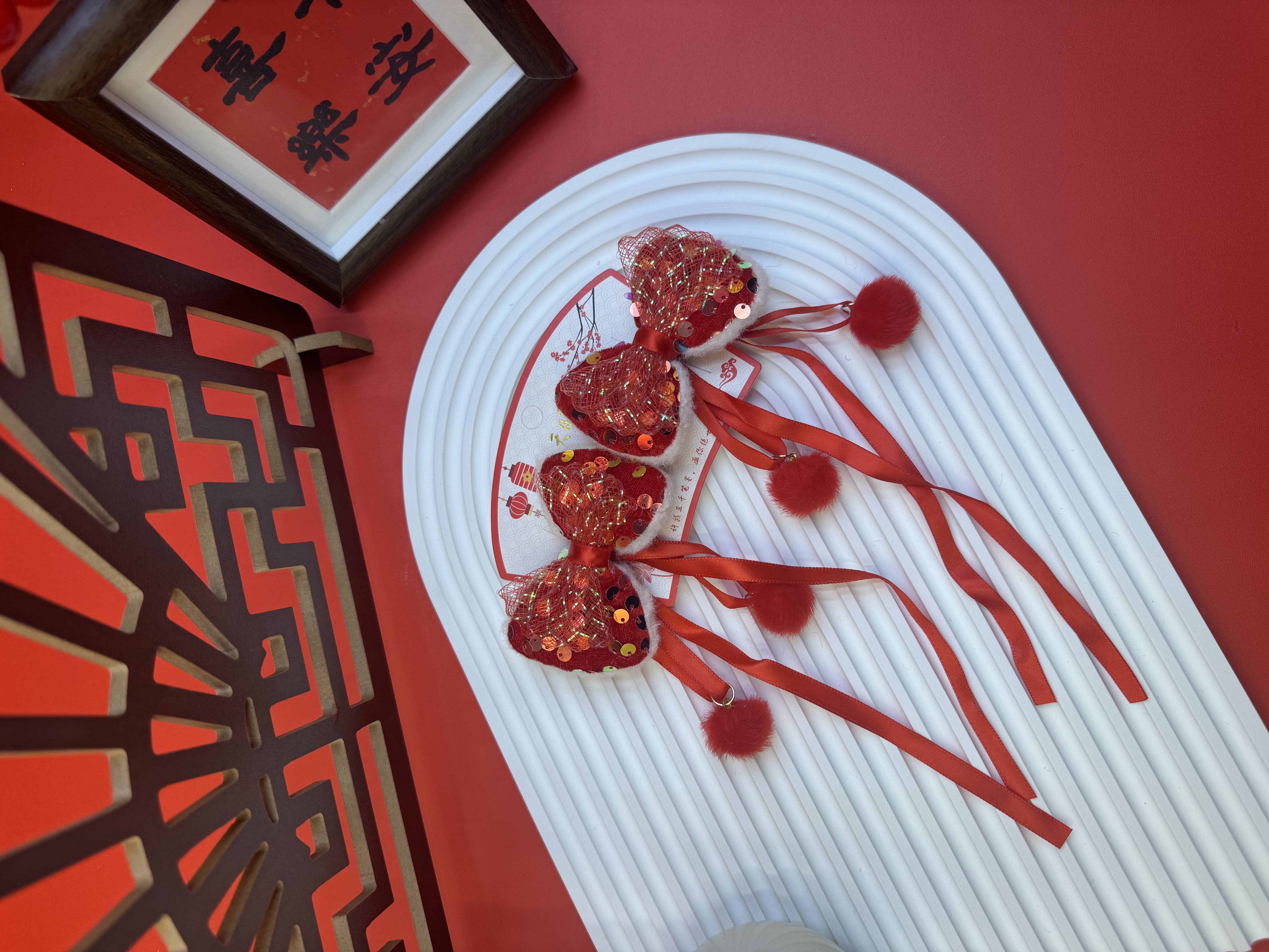中国风新年毛球女孩对夹儿童古风汉服旗袍发夹发卡头饰发饰流苏产品图