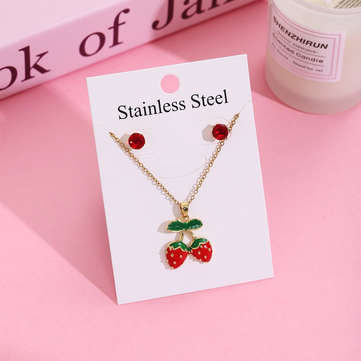 日韩草莓樱桃微镶项链耳钉 套装轻奢甜美304不锈钢设计感锁骨链女详情图2
