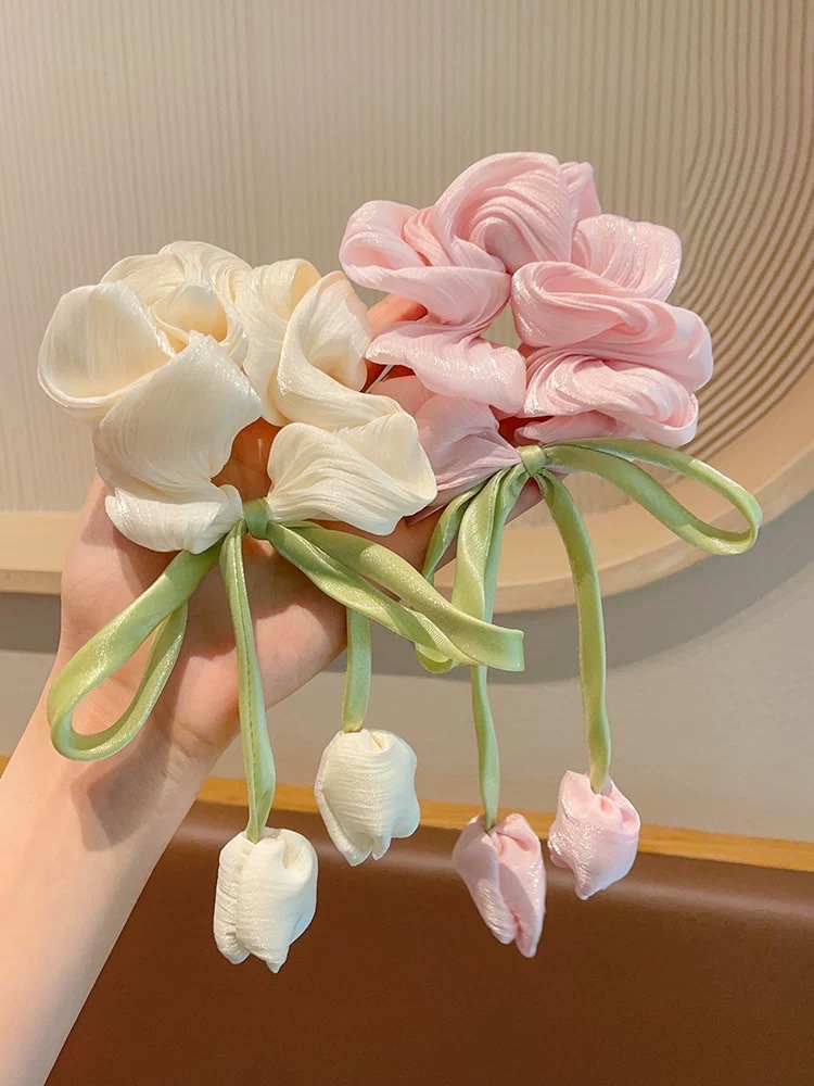 儿童郁金香花朵大肠发圈2025新款女童丸子头发绳韩系飘带头绳发饰瑾灵饰品1133发圈头绳大肠发圈大肠圈产品图