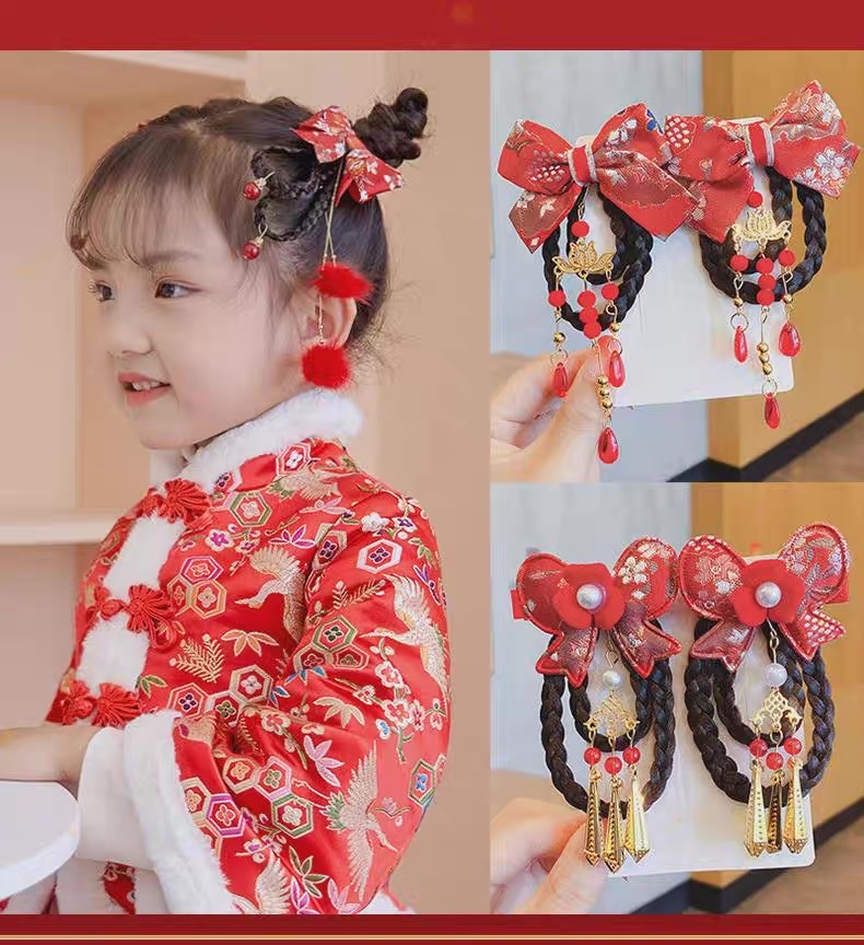 中国风新年毛球女孩对夹儿童古风汉服旗袍发夹发卡头饰发饰流苏详情图1