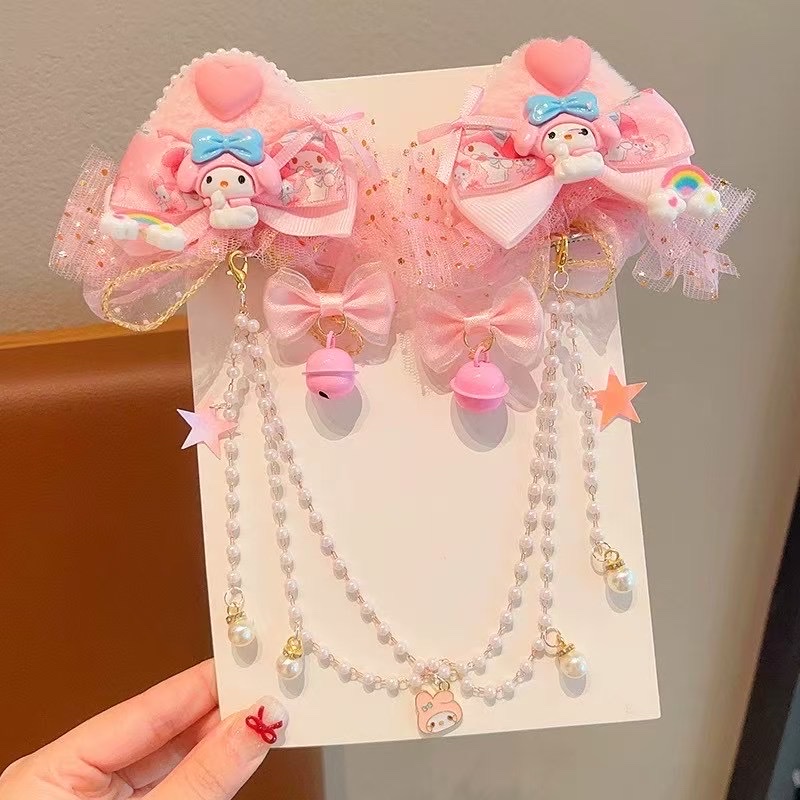 Pink Melody girl forehead chain tassel hairpin, sweet bow ribbon hairpin, Lolita princess headdress details Picture