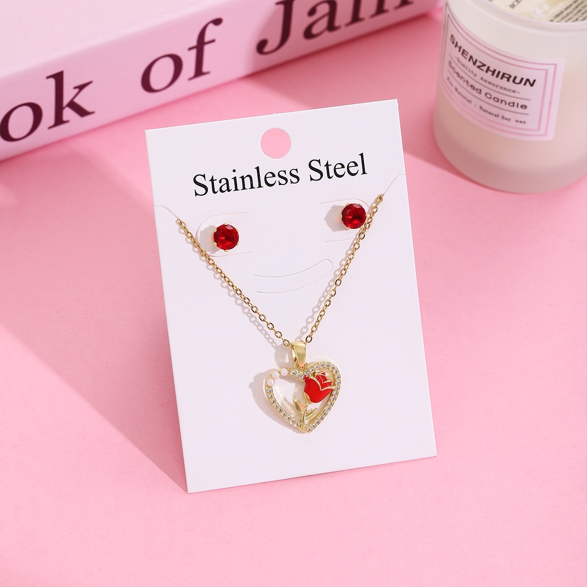 日韩草莓樱桃微镶项链耳钉 套装轻奢甜美304不锈钢设计感锁骨链女详情图5