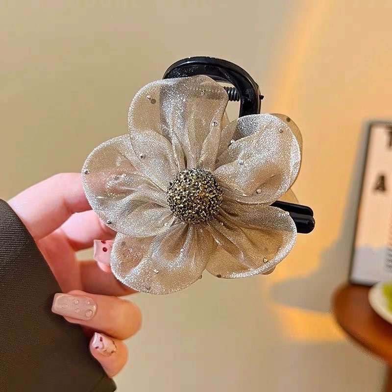 水钻波点网纱太阳花抓夹女2025新款高级感泡泡鲨鱼夹后脑勺发夹发箍