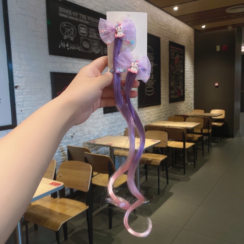 跨境儿童假发发夹卡通独角兽彩虹小马蝴蝶结彩色长卷发编发头饰·