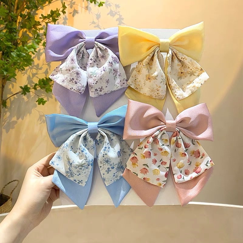 ins夹头发碎花大蝴蝶结发夹头饰甜美发饰丝巾头花后脑勺顶夹弹簧头饰发饰