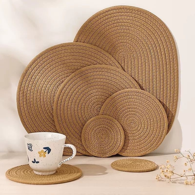 编织隔热垫西餐防烫碗垫防油隔热垫耐高温杯垫加厚可定制尺寸餐垫亚麻色棉绳材质