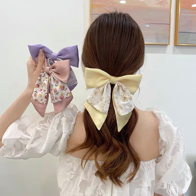 ins夹头发碎花大蝴蝶结发夹头饰甜美发饰丝巾头花后脑勺顶夹弹簧头饰发饰详情图4