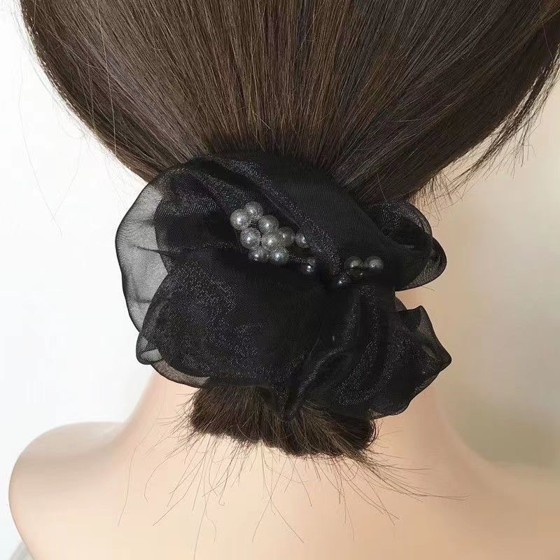 2023 New high-end Organza hair band, large intestine band, double-layer pearl hair accessory, light luxury gauze retro hair cord accessory, hair band, hair cord, large intestine band, large intestine detail image 2