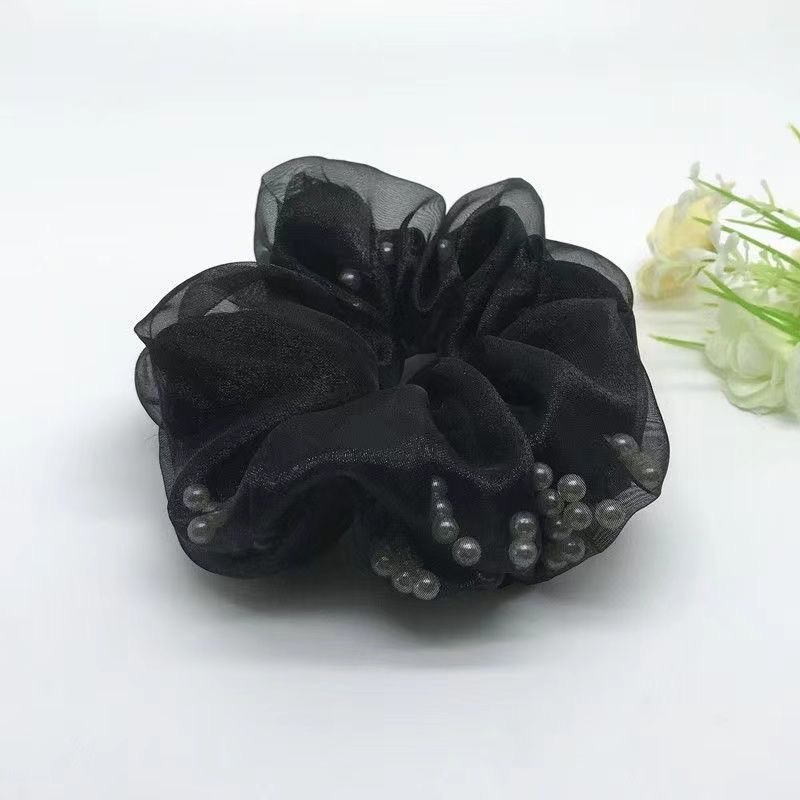 2023 New high-end Organza hair band, large intestine band, double-layer pearl hair accessory, light luxury gauze retro hair cord accessory, hair band, hair cord, large intestine band, large intestine detail image 3