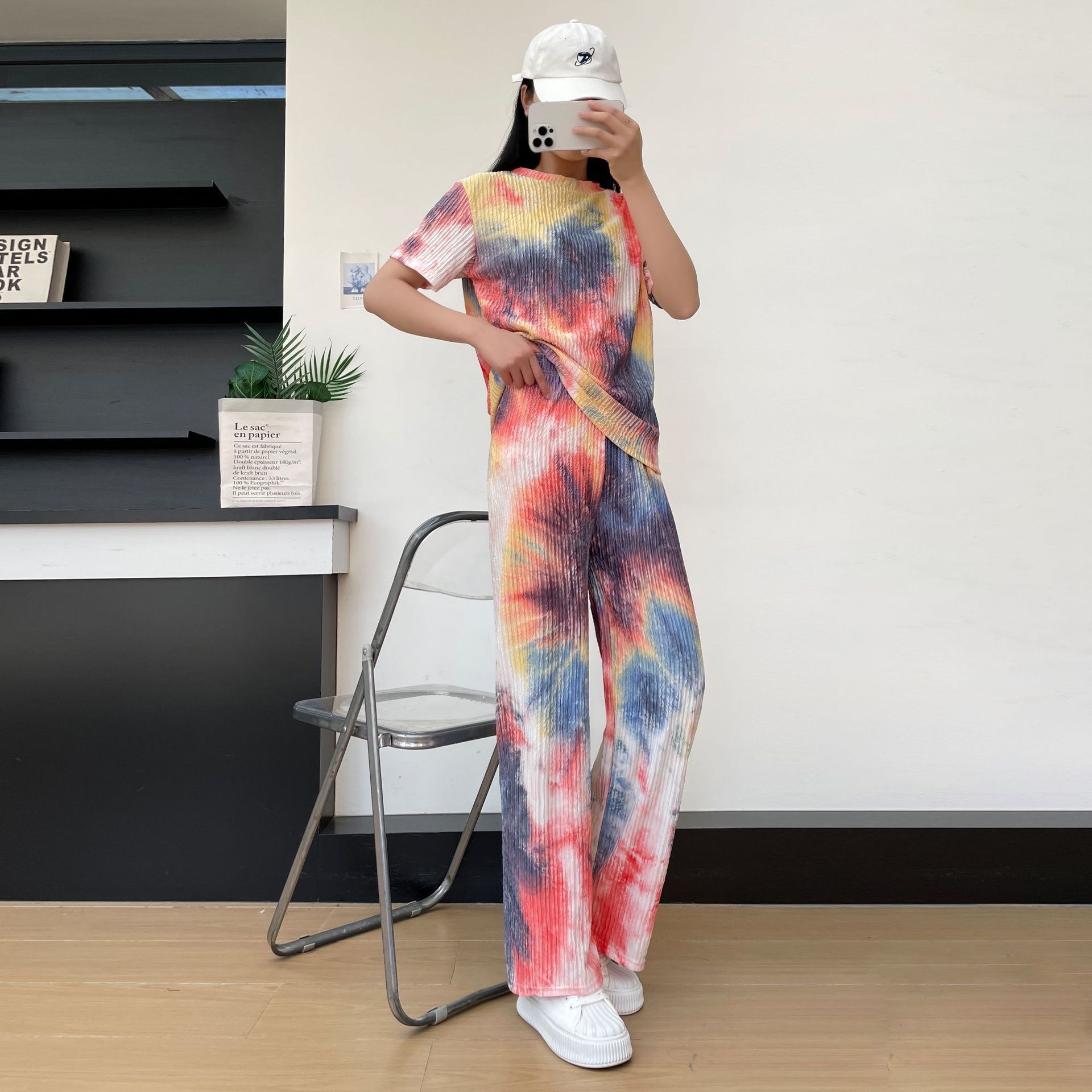 女士新款扎染芊芊叶褶皱短袖长裤套装美式渐变时尚宽松家居服睡衣家居服