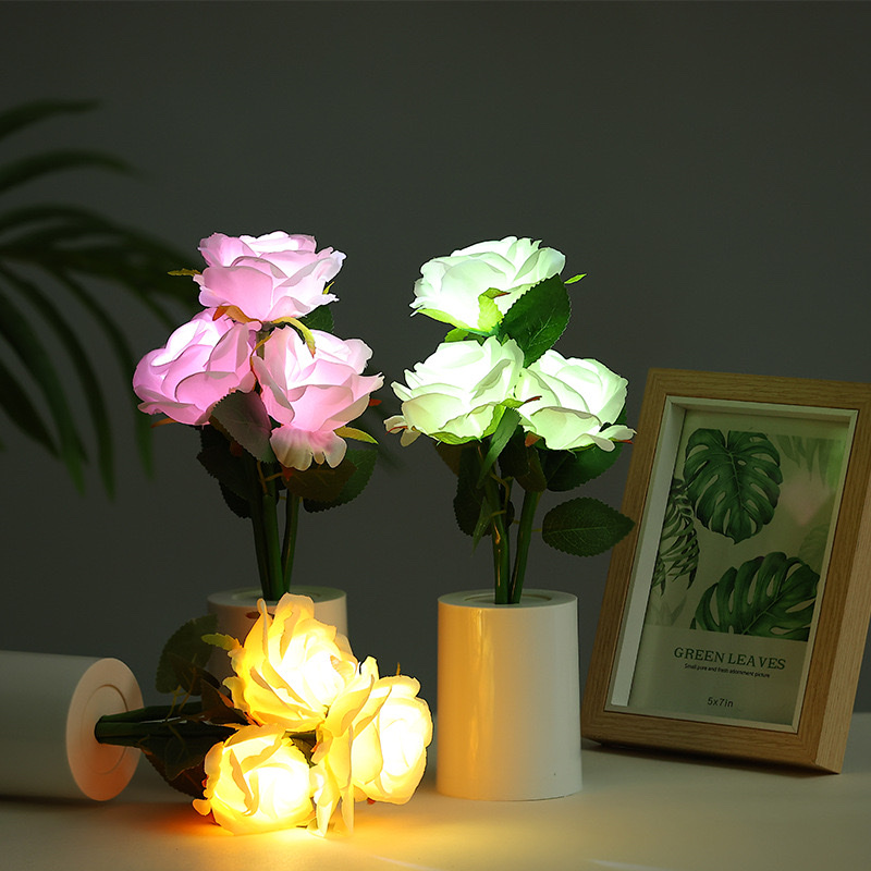 月季花小夜灯创意仿真花束夜灯卧室床头灯氛围灯家居装饰桌面摆件 
