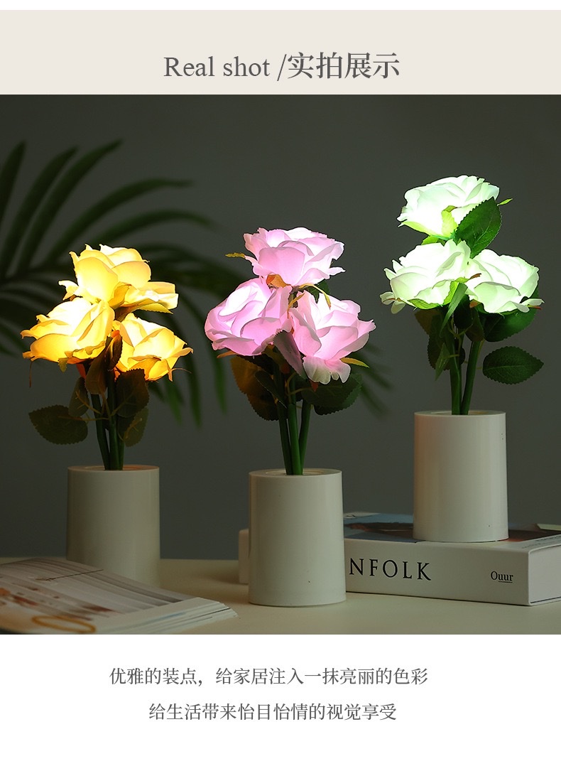 Rose flower night light, creative simulation flower bouquet, night light, bedroom bedside lamp, ambient light, home decoration, desktop ornament detail image 5