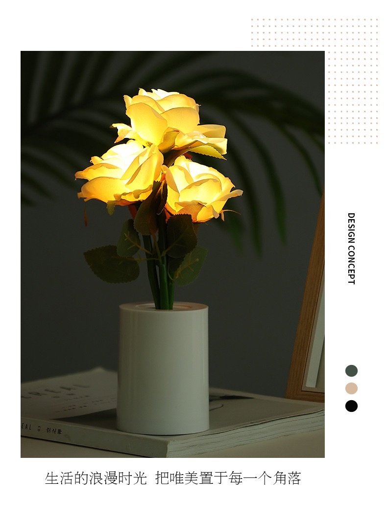 Rose flower night light, creative simulation flower bouquet, night light, bedroom bedside lamp, ambient light, home decoration, desktop ornament detail image 1