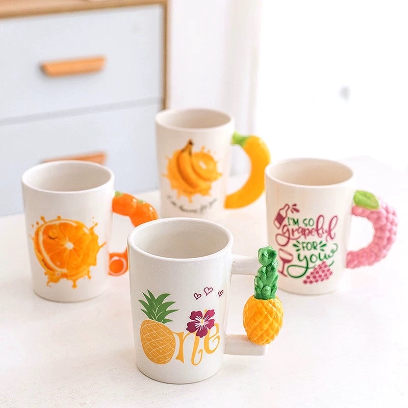 可爱陶瓷杯水果菠萝橙造型手柄小清新简约家用马克杯学生创意水杯