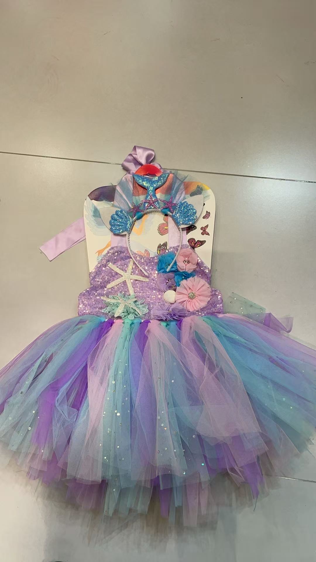 儿童花朵大海星美人鱼tutu裙网纱蓬蓬裙女童Mermai公主裙演出服蝴蝶结提花领带