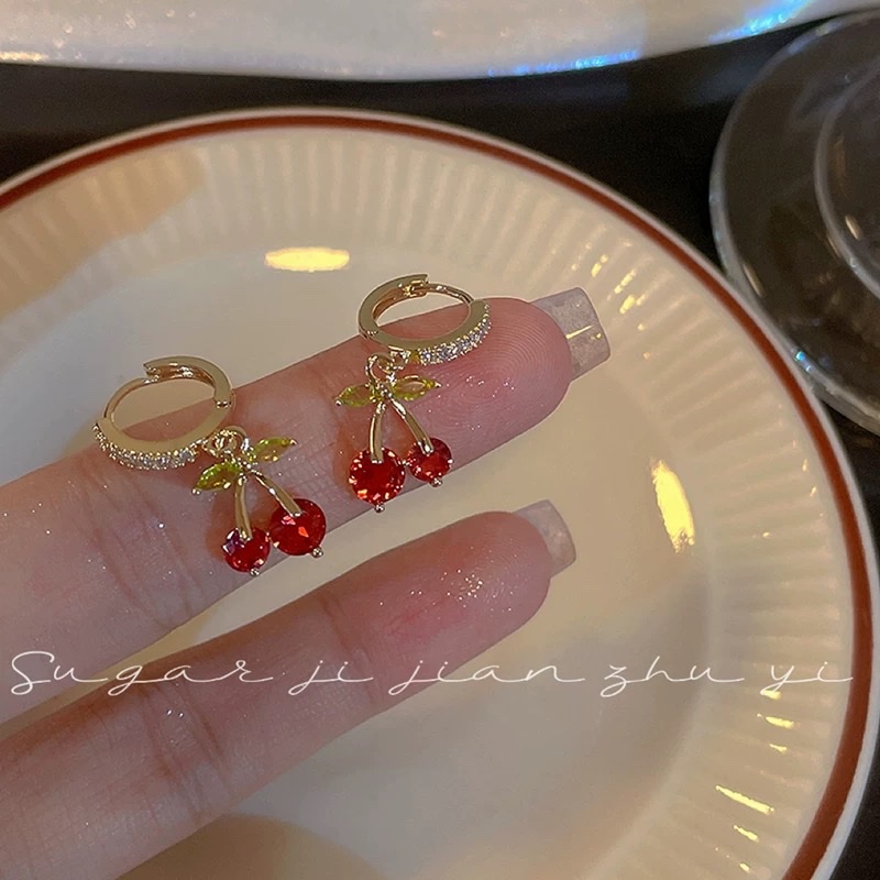 SUGAR Sweet and cute Cherry Earrings 2024 New bestseller, forest-themed light luxury exquisite Zircon earrings for women in summer detail image 2