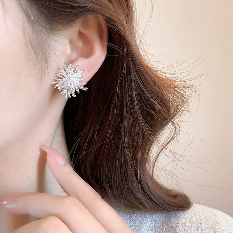 Silver dandelion fireworks stud earrings exude a sense of sophistication and elegance for women. 2025 new bestseller earrings, elegant and light luxury earrings, summer accessories stud earrings Specification image
