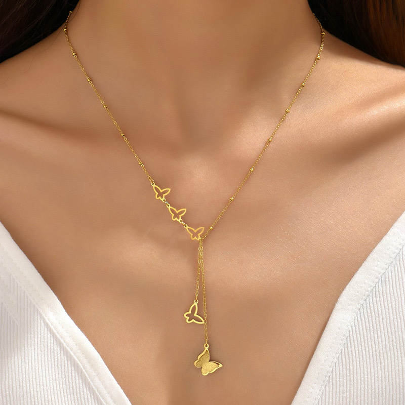 French-style light luxury hollowed-out sand-pressed butterfly collarbone chain, fashionable and elegant tassel necklace, gentle and versatile steel beads are selling well detail image 1