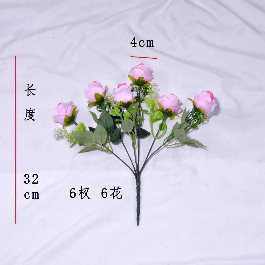 6头魅影玫瑰，长度32cm，6杈，共6朵花（直径4cm），多层花瓣，8组叶子，配件若干，XH0342仿真荷花小花束细节图