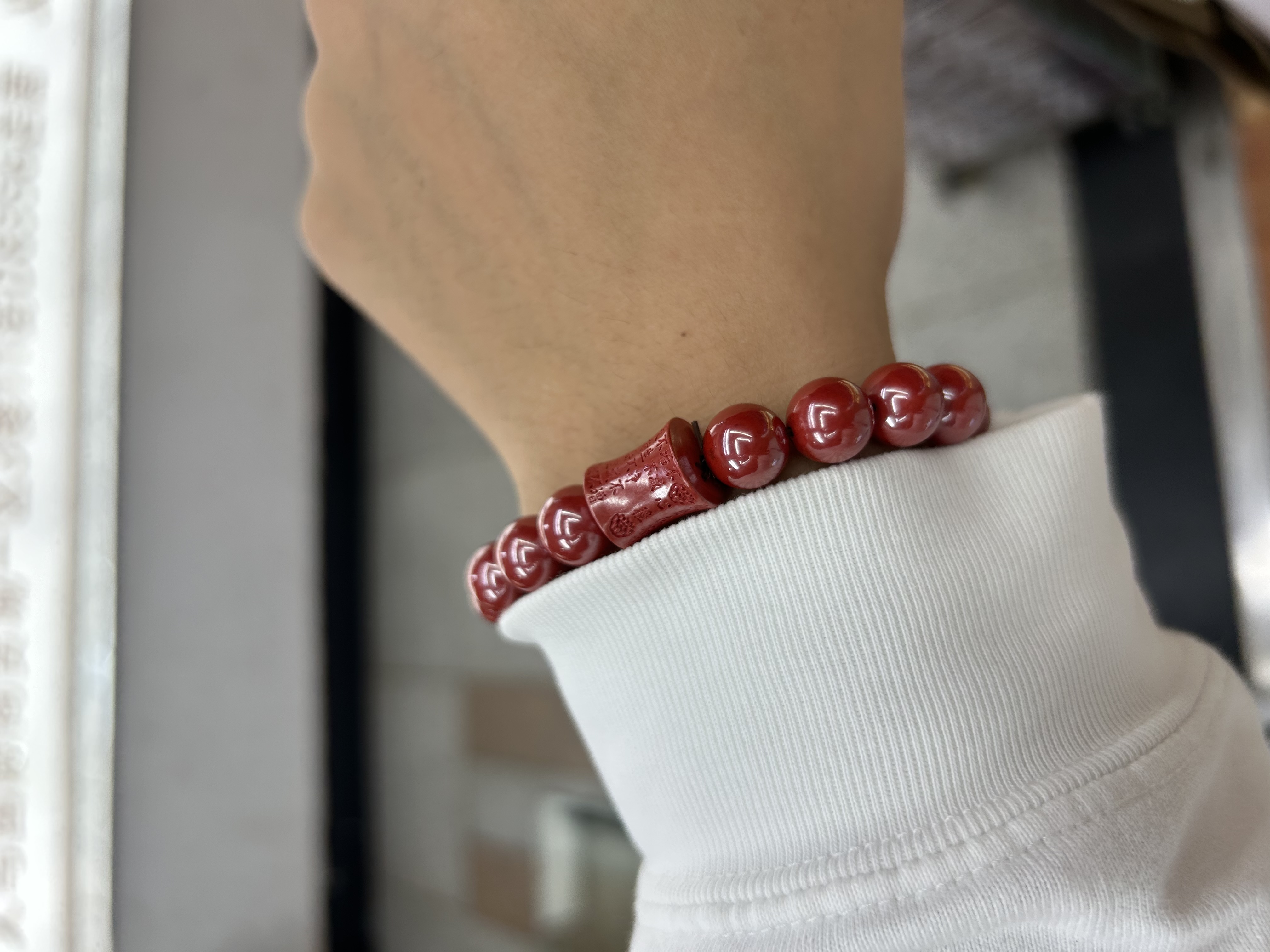 Natural cinnabar, high-content cinnabar, imperial cinnabar, bamboo joint Heart Sutra, cinnabar bracelet, accessory, gift, handicraft bracelet Specification image