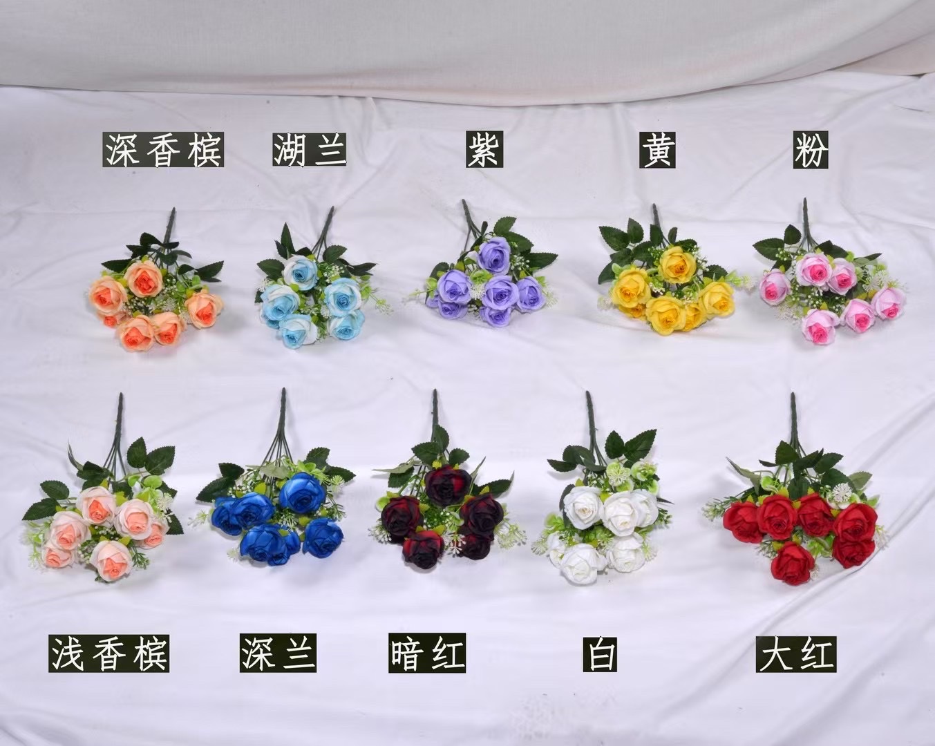 6头魅影玫瑰，长度32cm，6杈，共6朵花（直径4cm），多层花瓣，8组叶子，配件若干，XH0342仿真荷花小花束