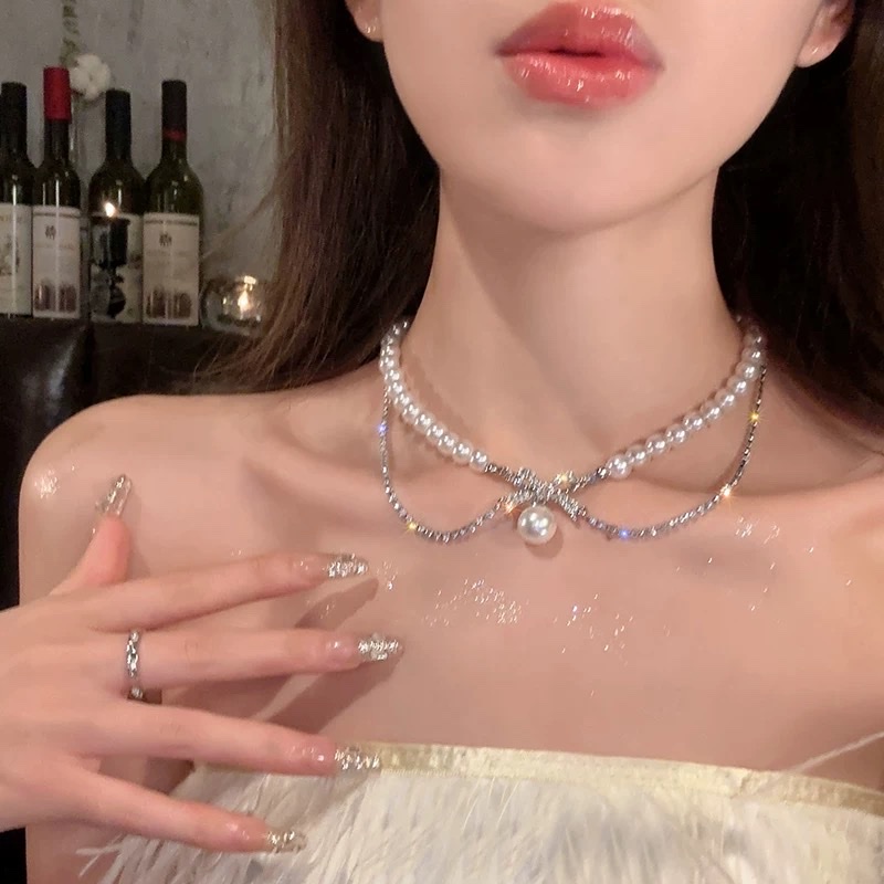 Romantic Escape ~ Double-layer bow pearl necklace for women, light luxury, niche, elegant and noble. Collarbone chain, neck chain, trendy and dazzling pearl patchwork zircon necklace, jewelry set, versatile princess necklace, jewelry detail image 2
