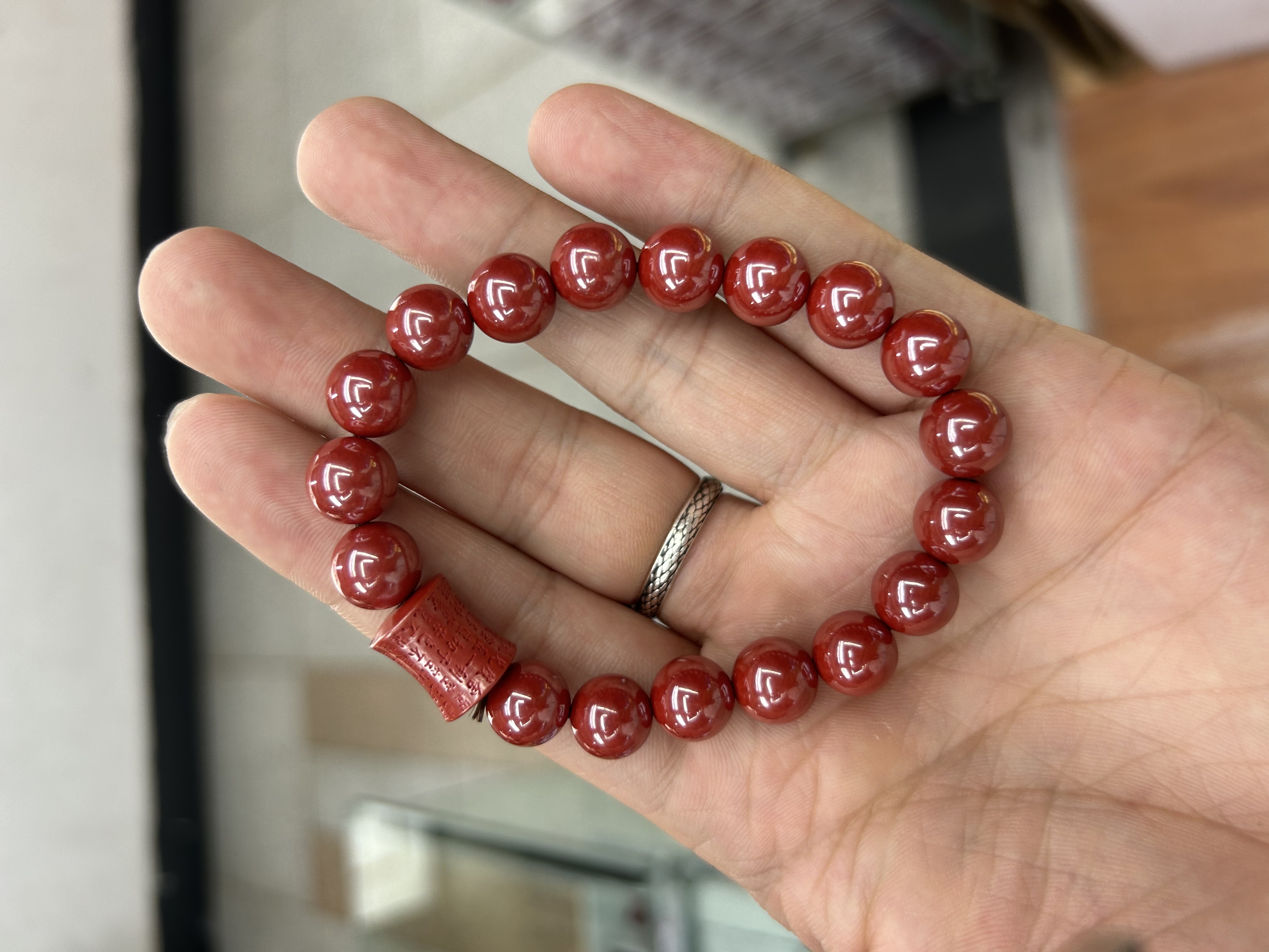 Natural cinnabar, high-content cinnabar, imperial cinnabar, bamboo joint Heart Sutra, cinnabar bracelet, accessory, gift, handicraft bracelet detail image 2