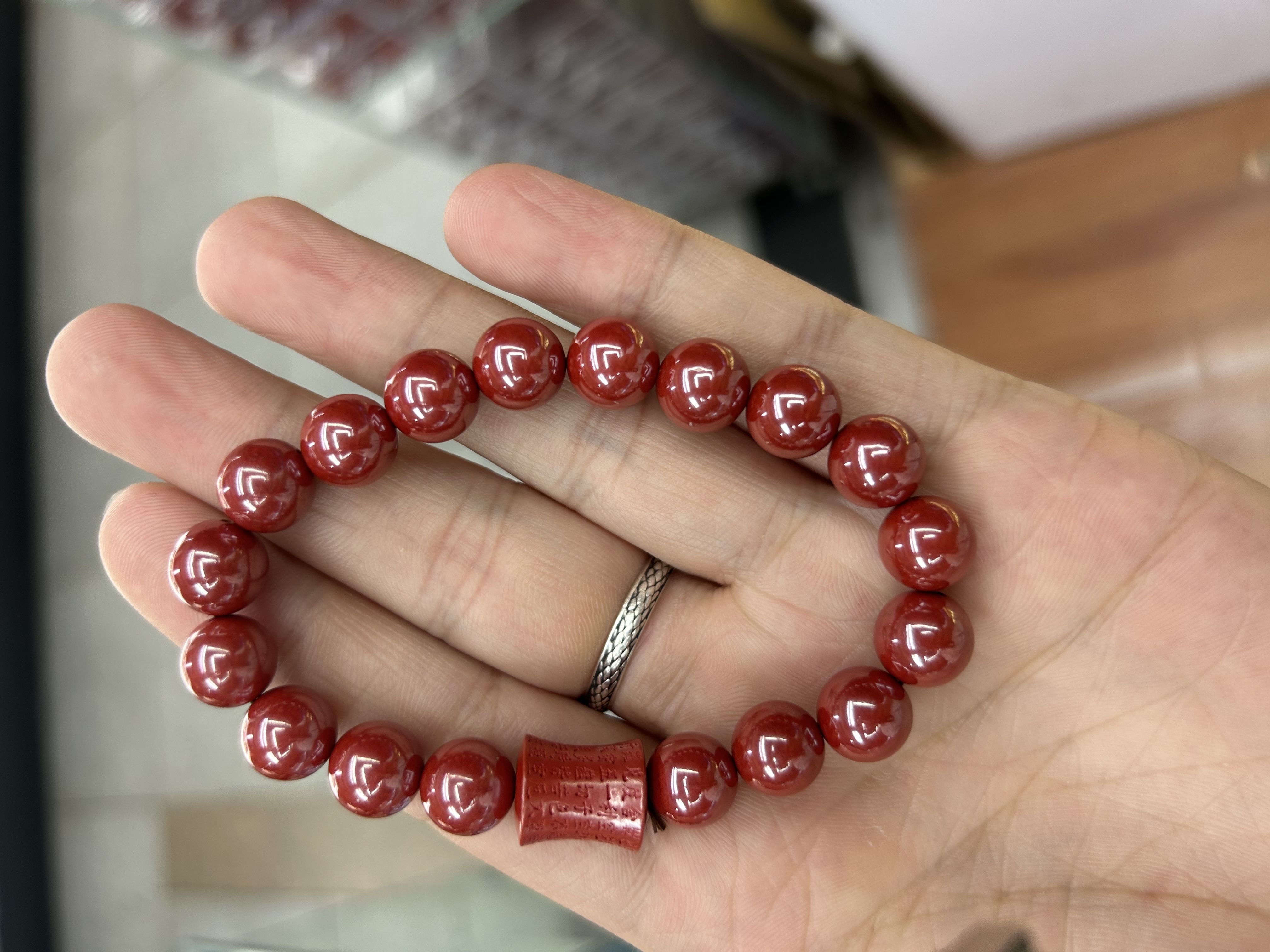 Natural cinnabar, high-content cinnabar, imperial cinnabar, bamboo joint Heart Sutra, cinnabar bracelet, accessory, gift, handicraft bracelet detail image 3