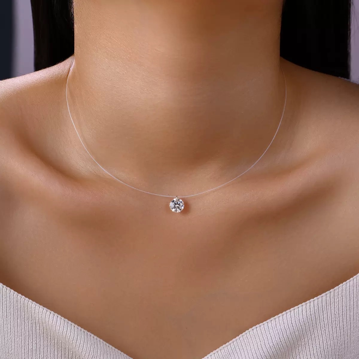 S925纯银透明鱼线项链高级感轻奢百搭彩锆人鱼之泪锁骨链爆款项链