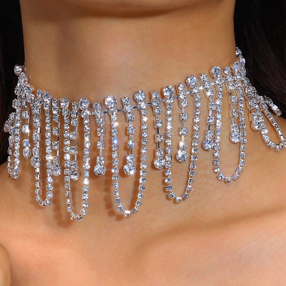 欧美跨境饰品 个性镂空满钻颈链 时尚百搭流苏水钻项链女